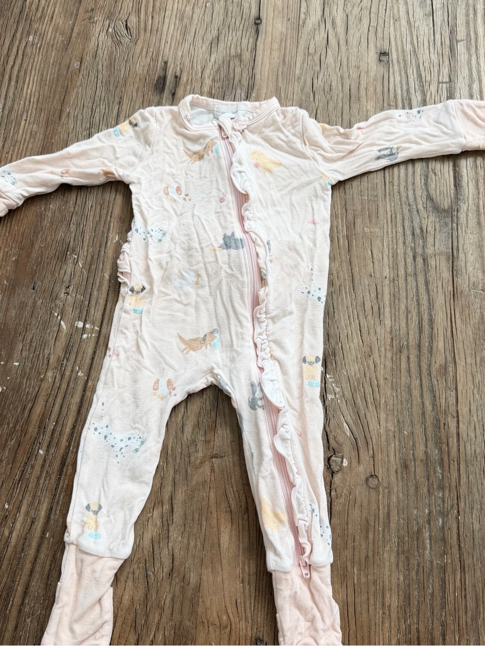 Angel Dear Pale Pink Dog Print Ruffle Footie